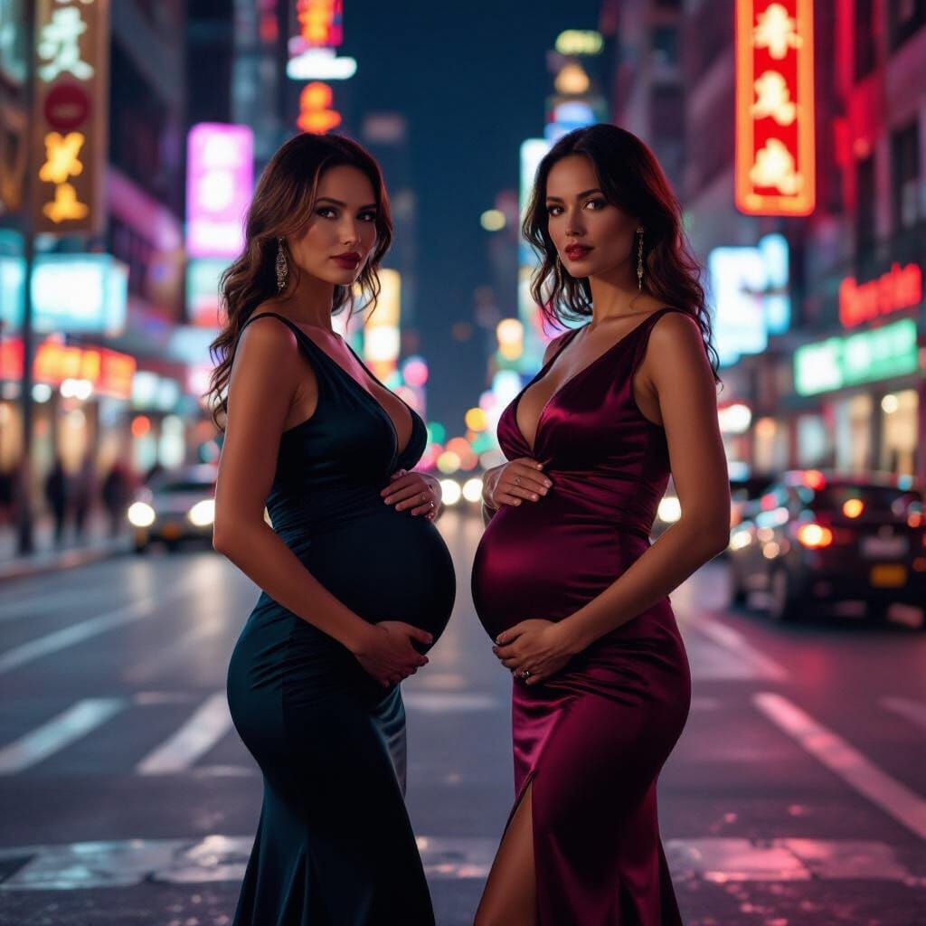 Pregnant Women in Neon Cityscape: Cinematic Style
