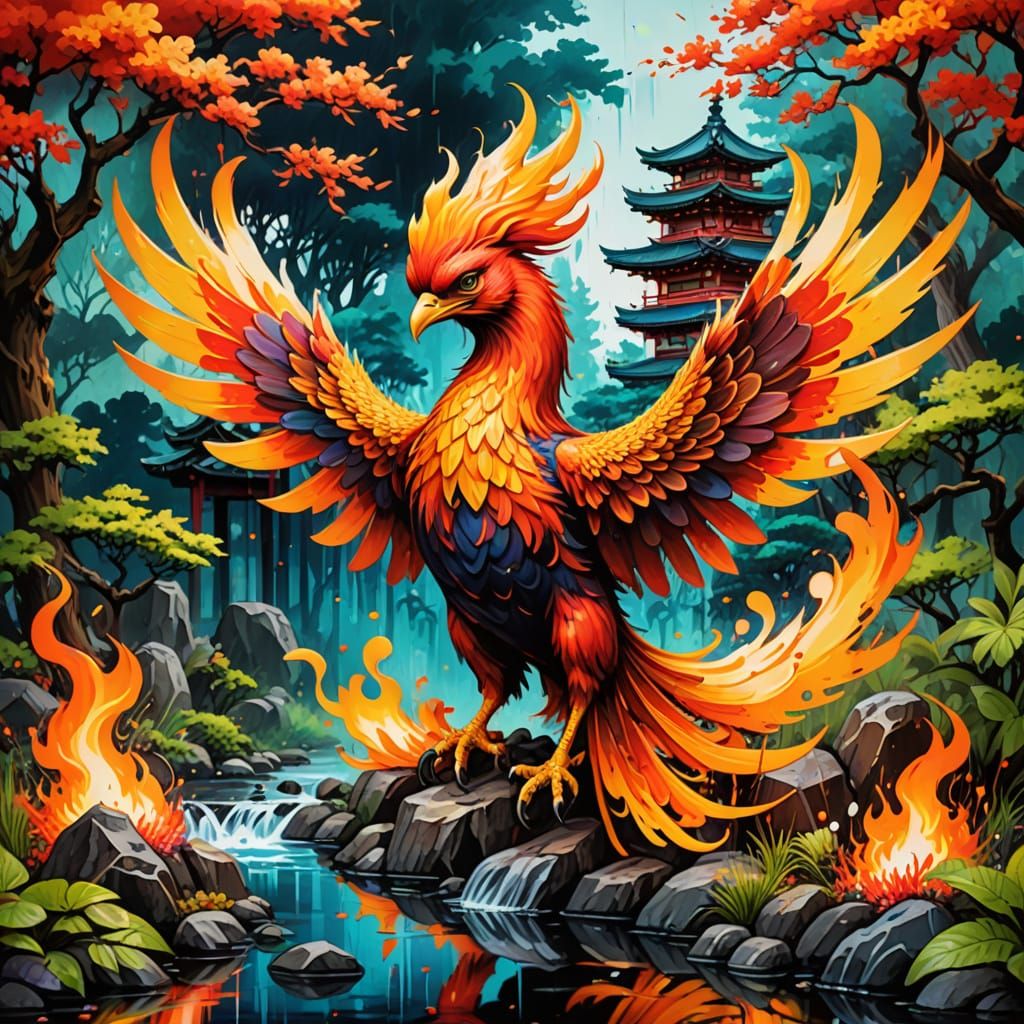 Vibrant Phoenix Soars in Traditional Japanese Oasis