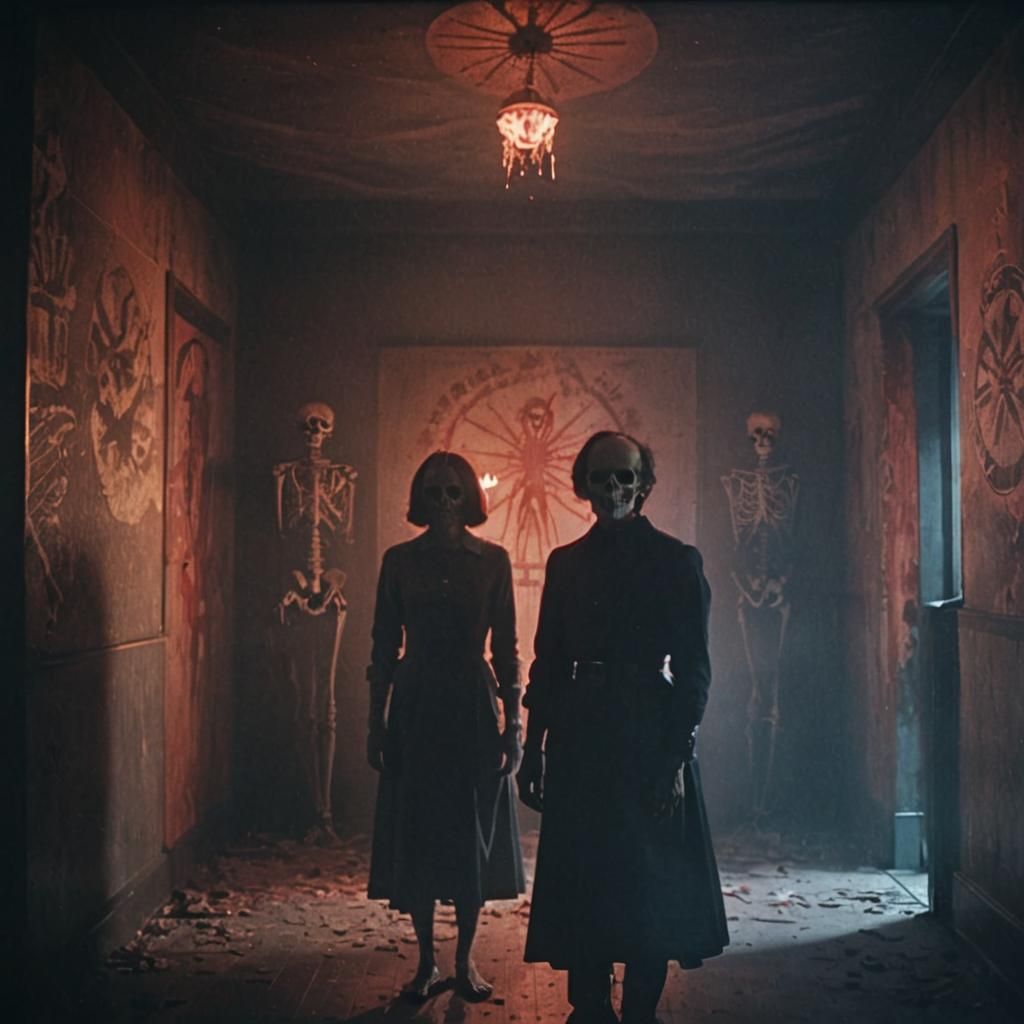 Eerie Skeletons in Room with Pentagrams: 1970s Horror