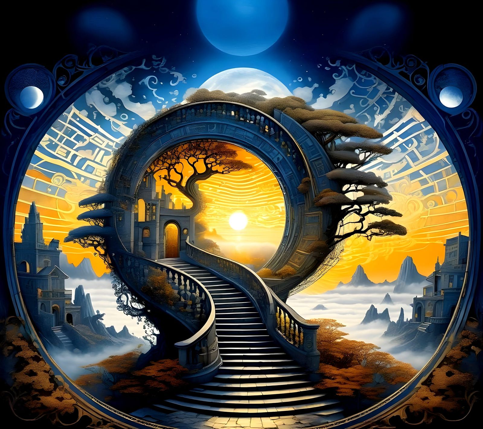 Surreal Foggy Forest Portal with Escher Staircase