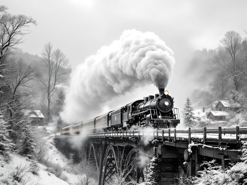 Vintage Steam Locomotive Chugs Across Snowy Railway Bridge i...
