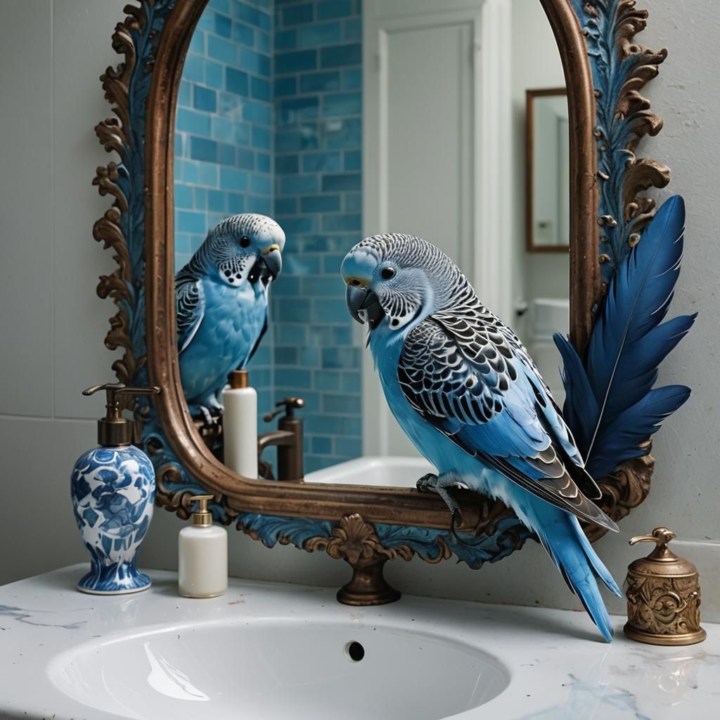Blue Budgie's Bathroom Mirror Moment