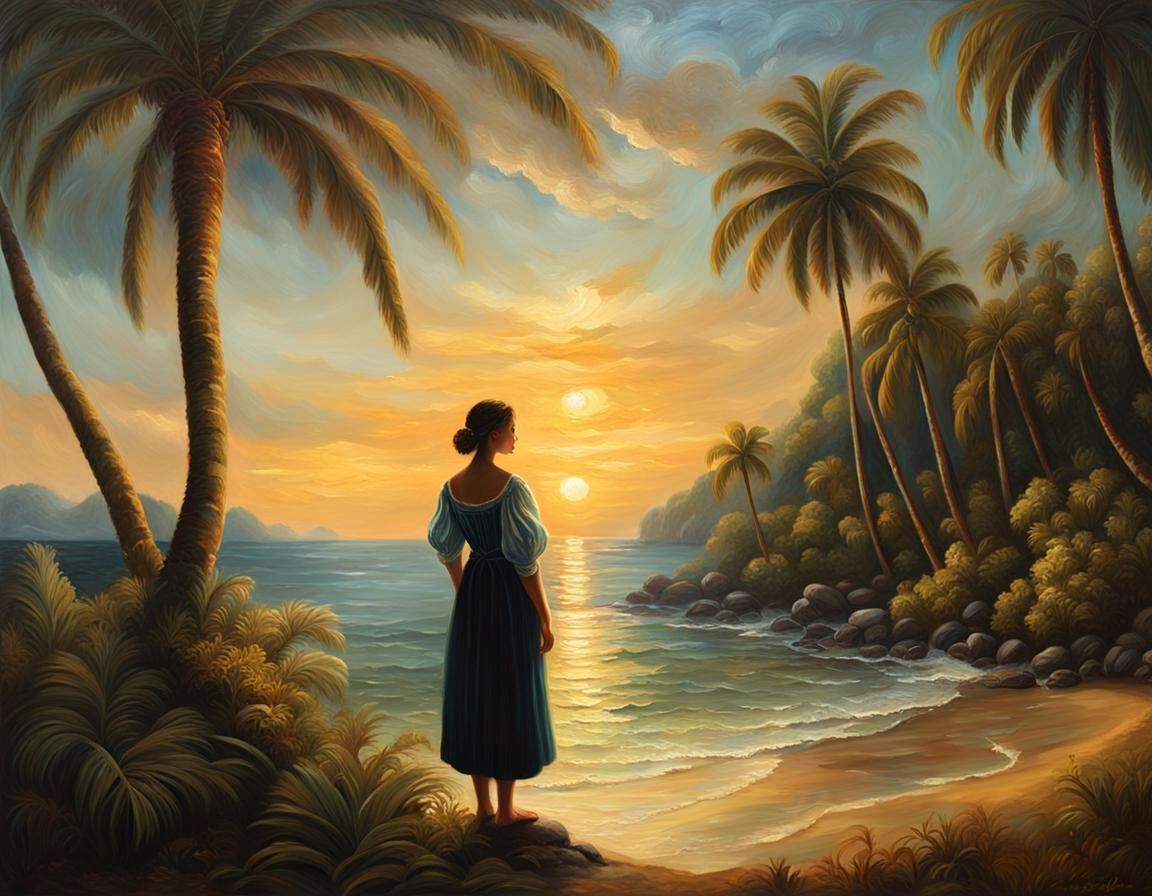 Tropical Island Woman in Baroque Oil Painting