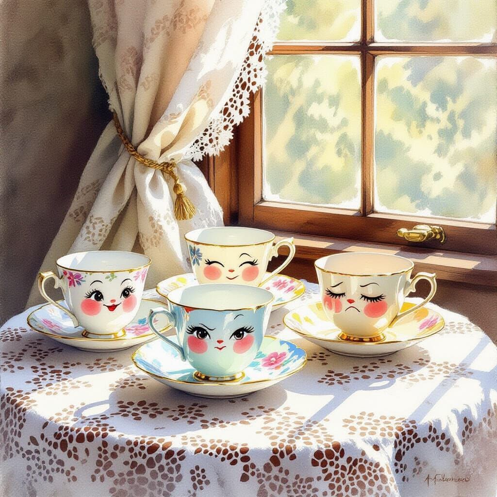 Antique Teacups With Faces on Lace Tablecloth