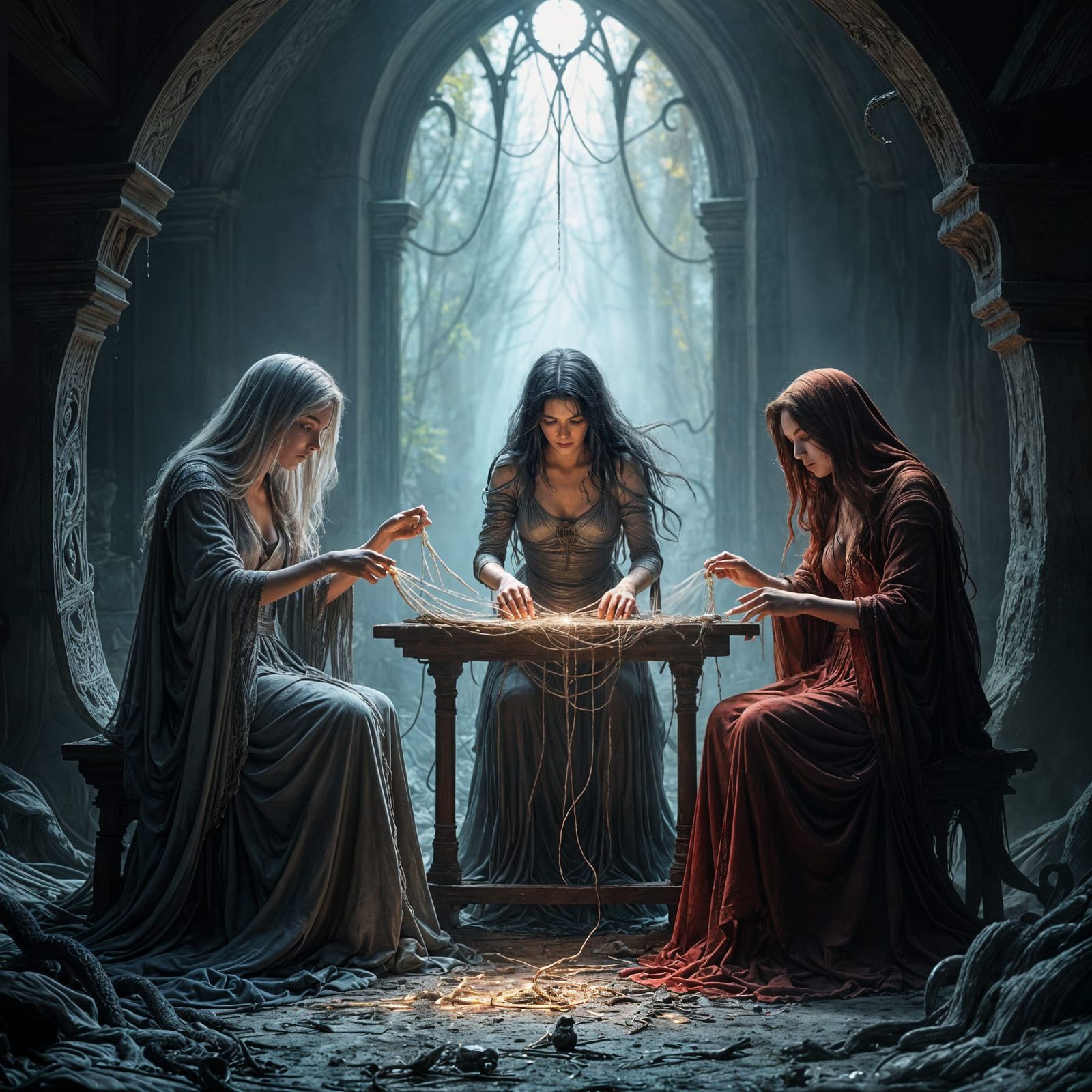 The Fates Weaving Destiny in Shadowed Chamber