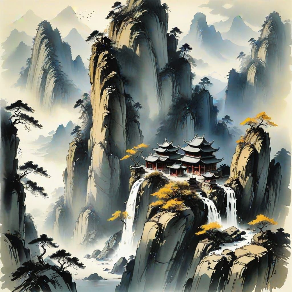 Ancient Chinese Temple in a Serene Mountain Landscape