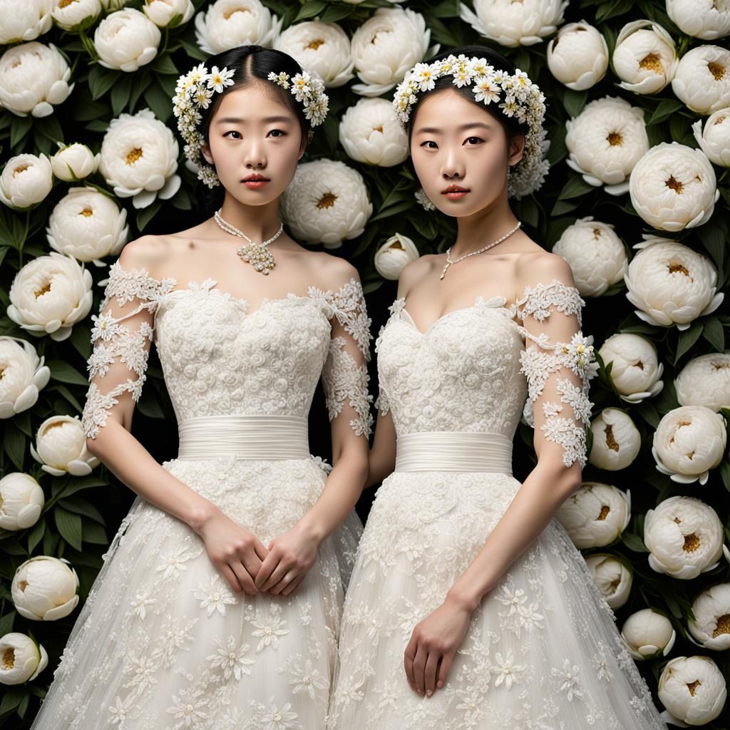 Elegant Japanese Sisters Portrait with Floral Accents