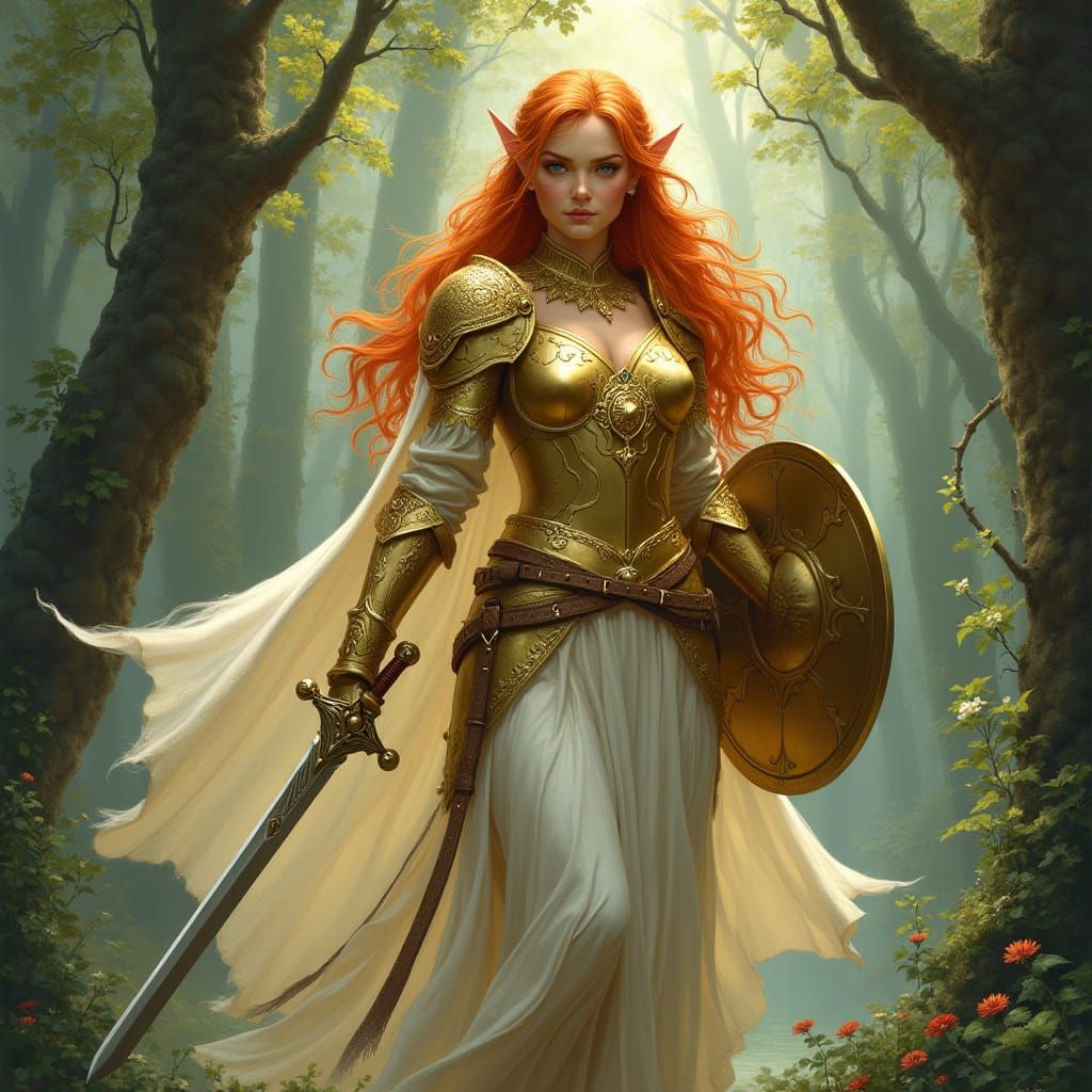 Elegant Elf Paladin in Enchanted Forest, Art Nouveau Style