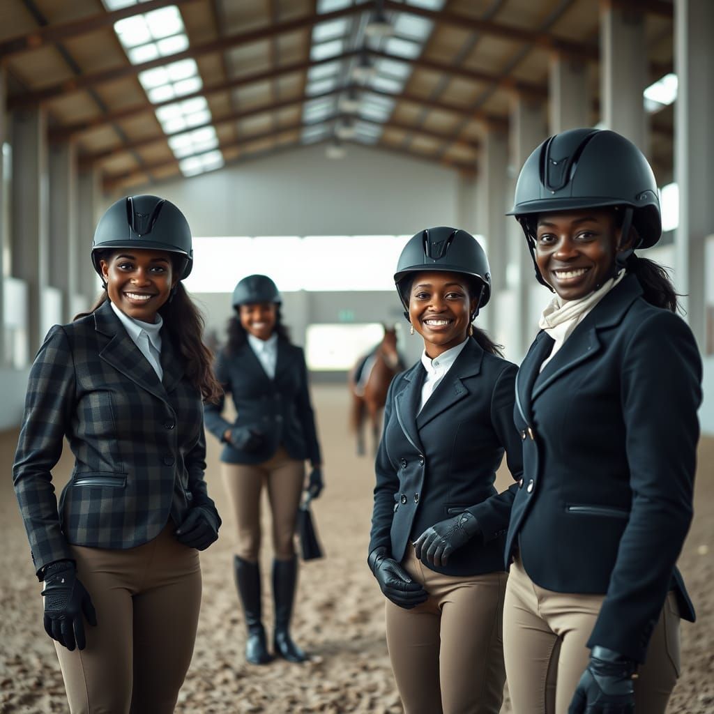 Black Women in Elegant Equestrian Attire, Indoor Arena