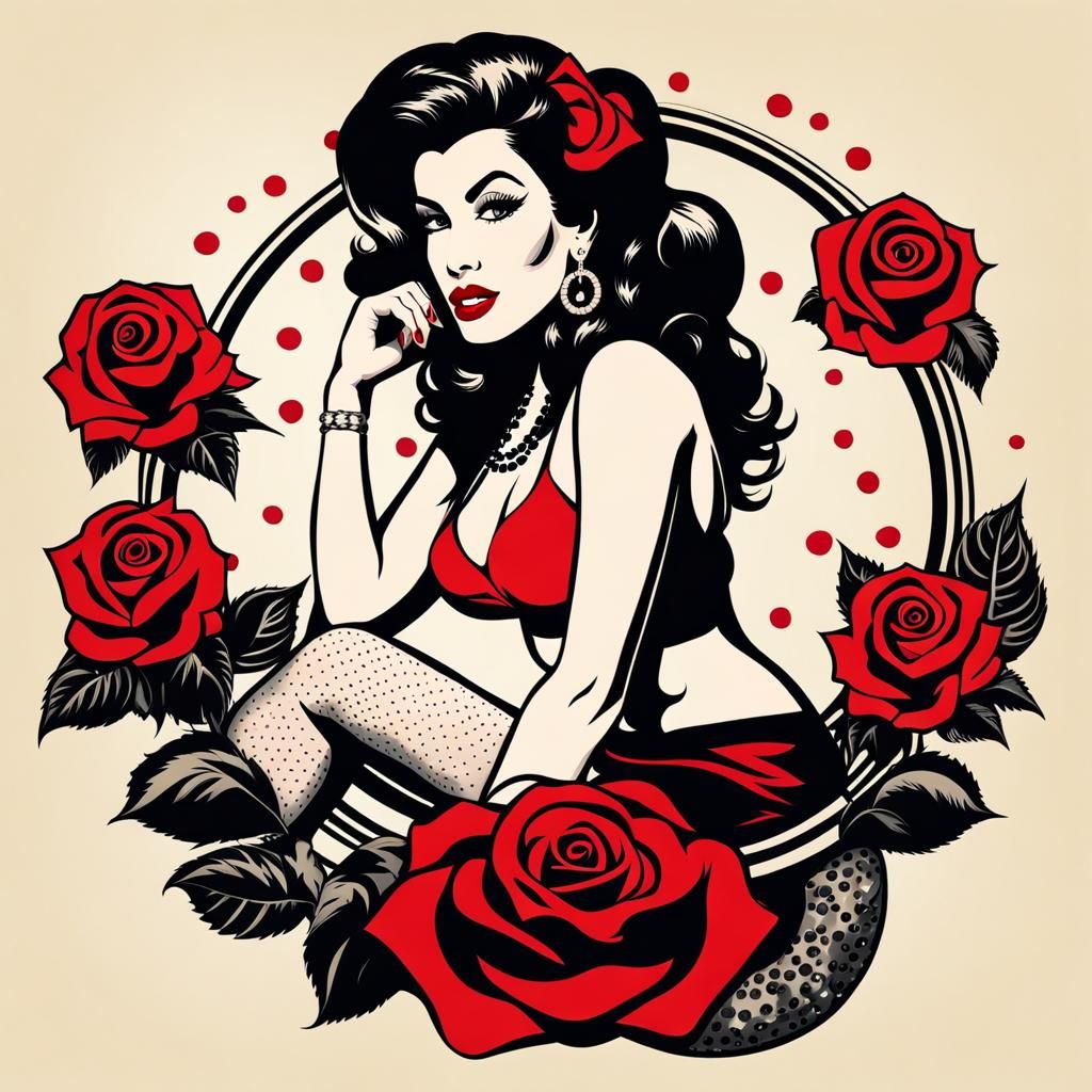 Rockabilly Tattoo Woman on Anchor in Pop Art Style