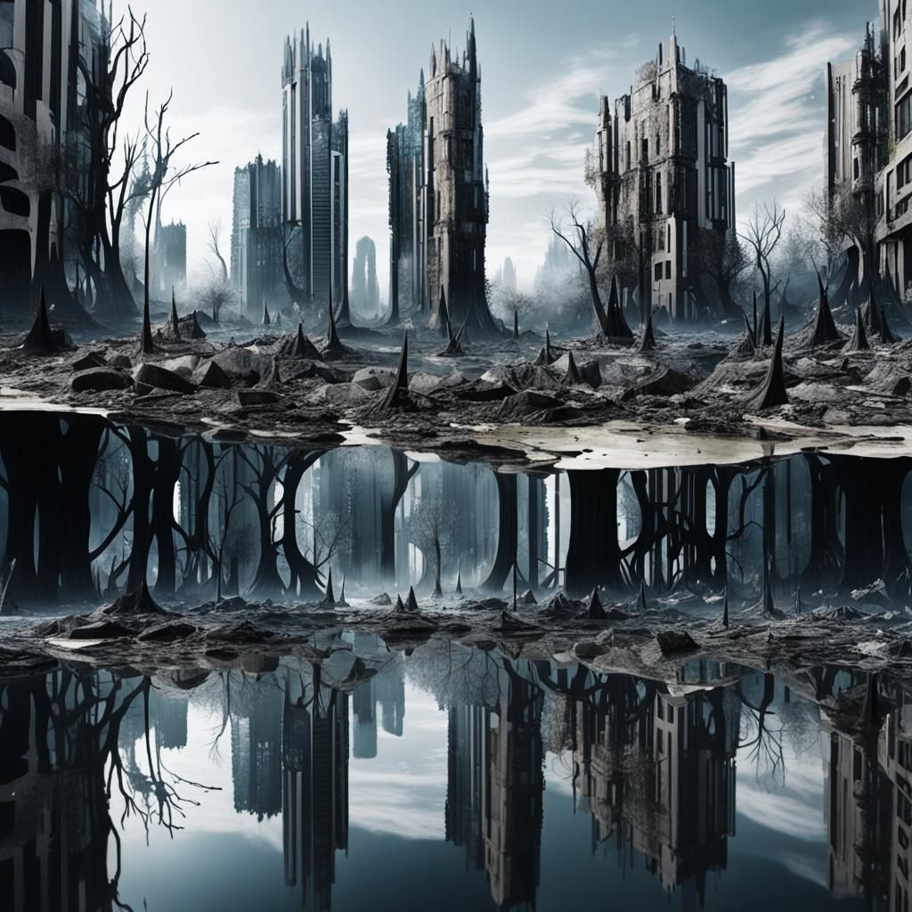 Futuristic City Reflected Over Apocalyptic Landscape