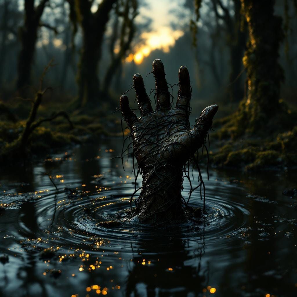 Eerie Hand Emerges from Murky Swamp