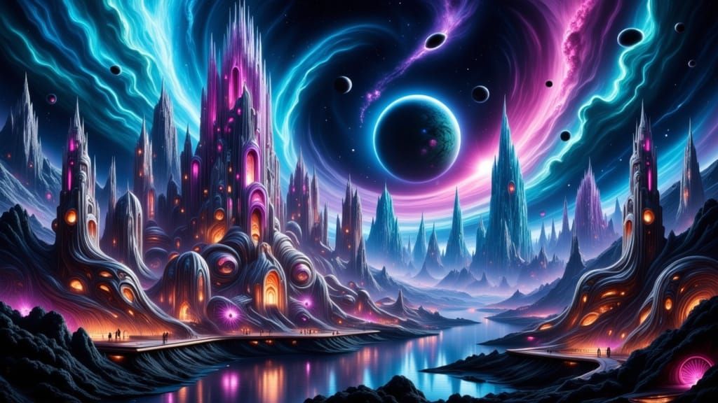 Cosmic Cityscape: Bioluminescent Metropolis in a Nebula