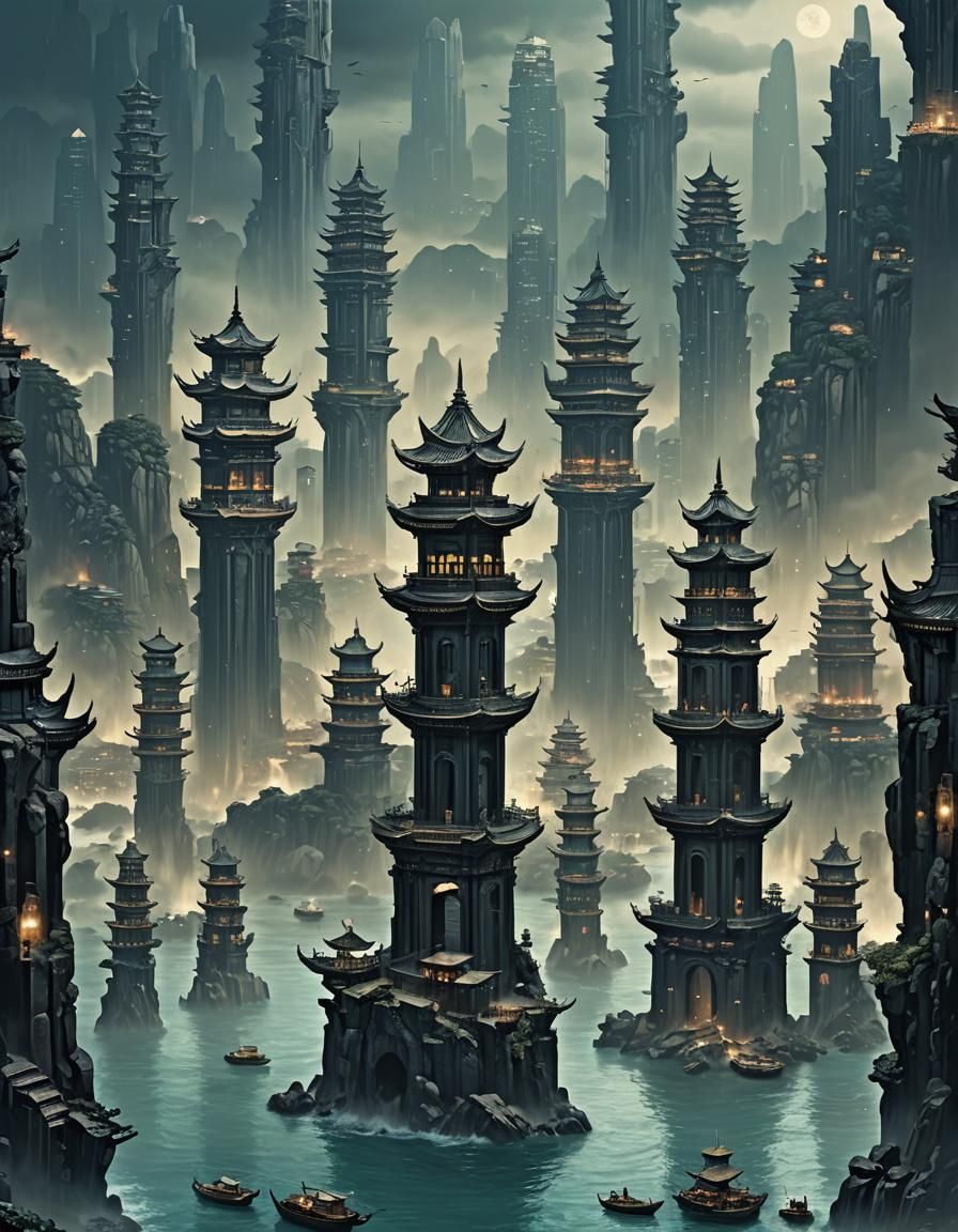 Dark Fantasy Kowloon Cityscape with Ocean Pillars