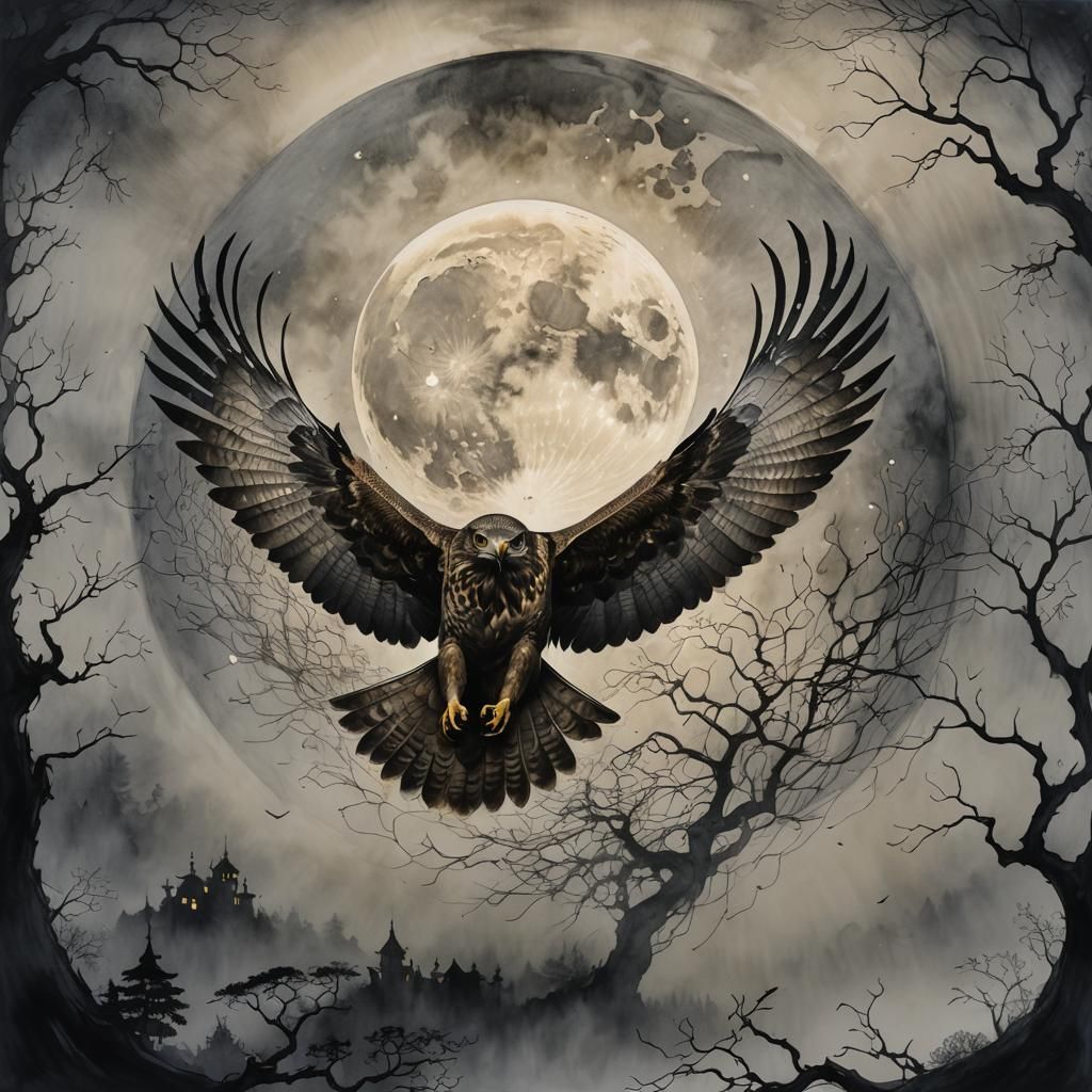 Hawk in Moonlight: Ink Painting in Klimt Style