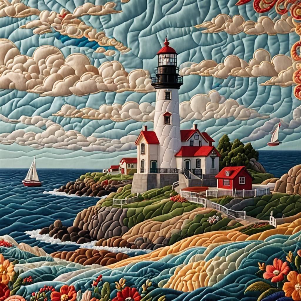 Quilted Lighthouse with Swirling Clouds