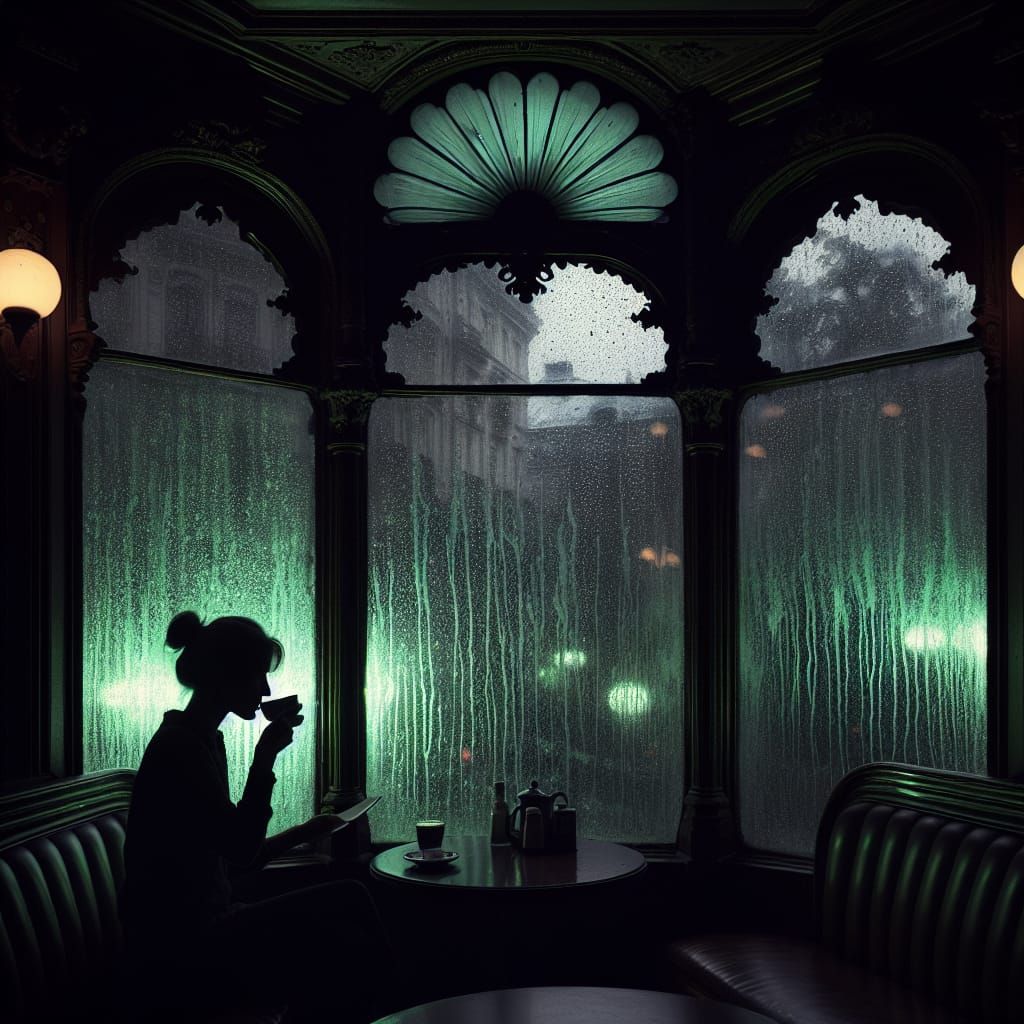 Victorian Cafe Window Streaked with Neon Rain