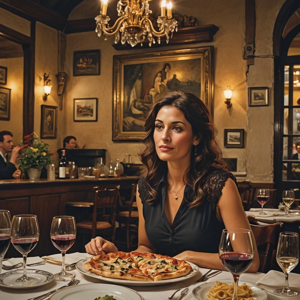 Italian Woman Enjoys Pizza in Nostalgic Film Style