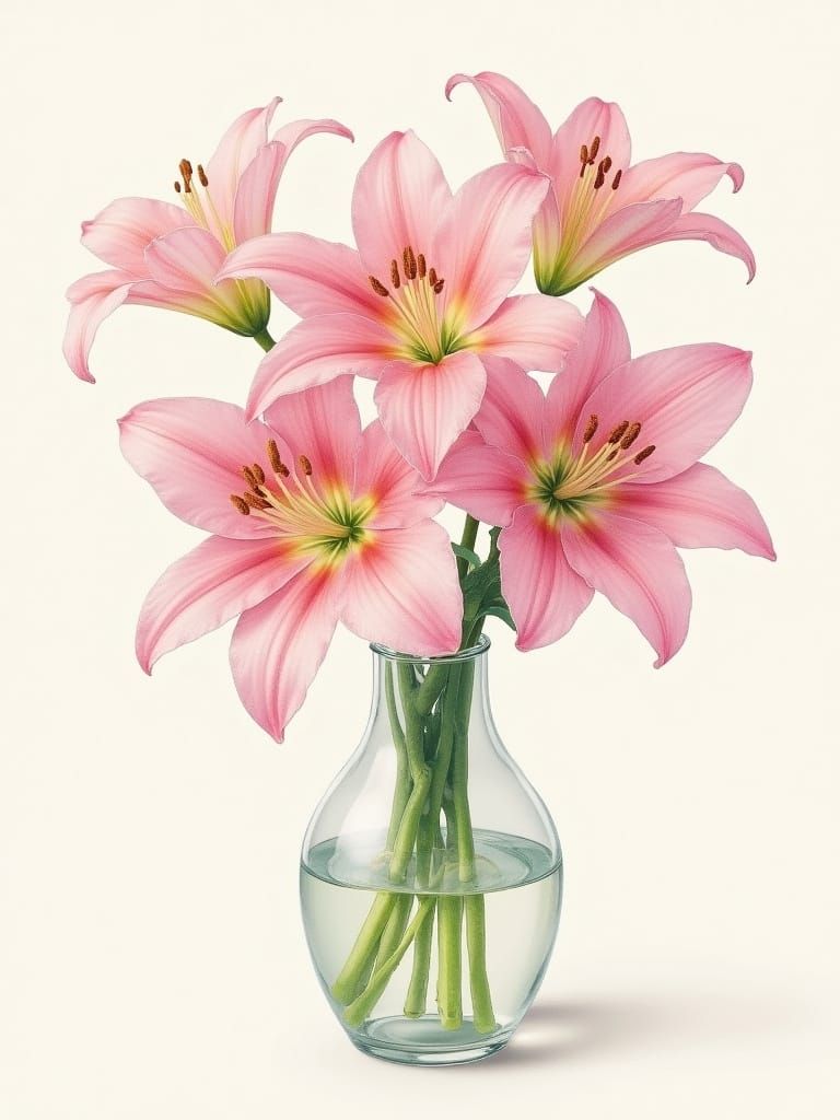 Delicate Pink Stargazers in Glass Vase, Hyper-Realistic Wate...