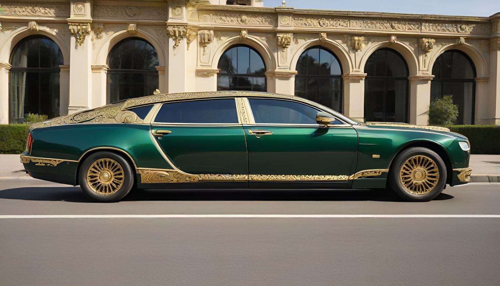 Ornate Brass Futuristic Family Car on Sunny Road