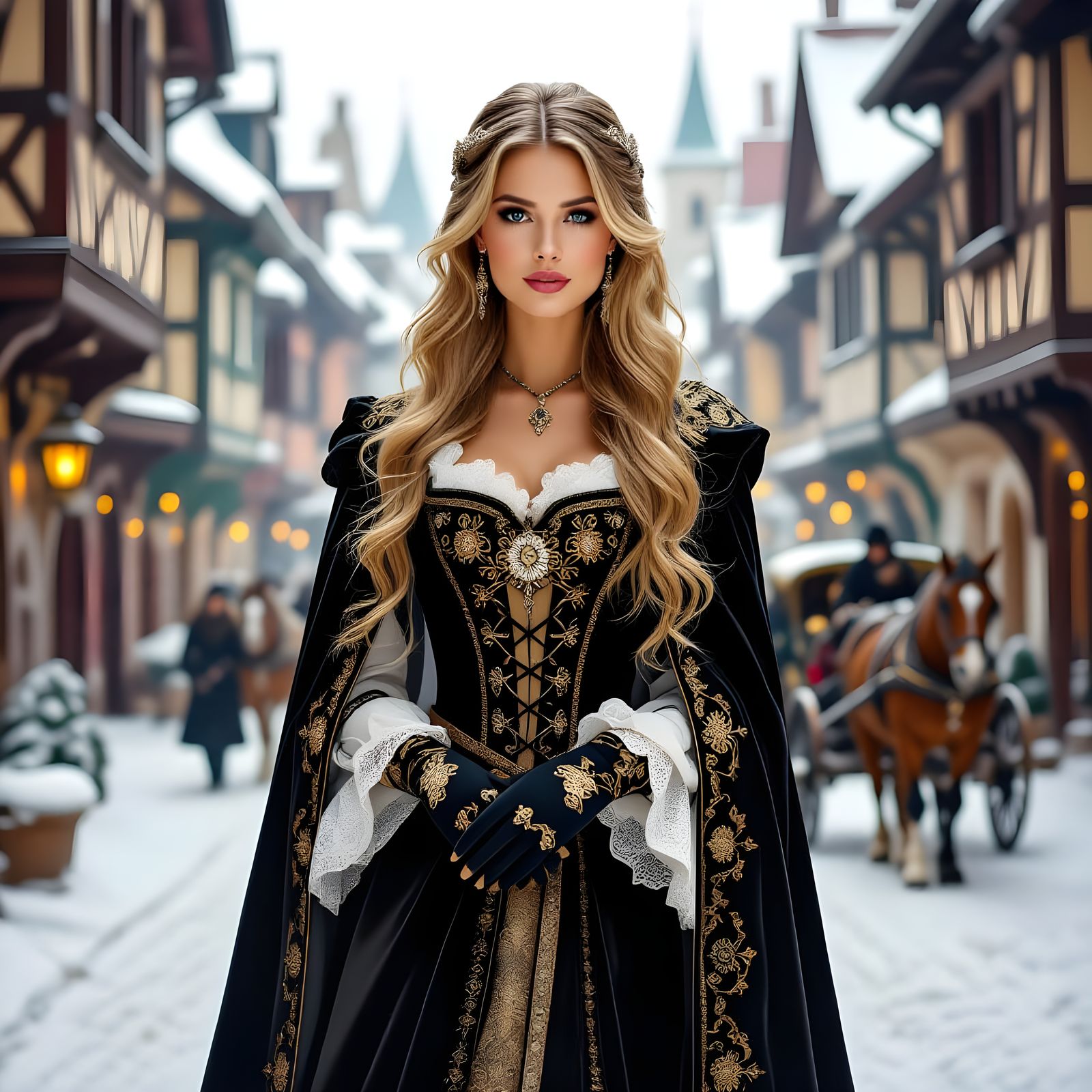 Medieval Beauty in Black and Gold Clothing