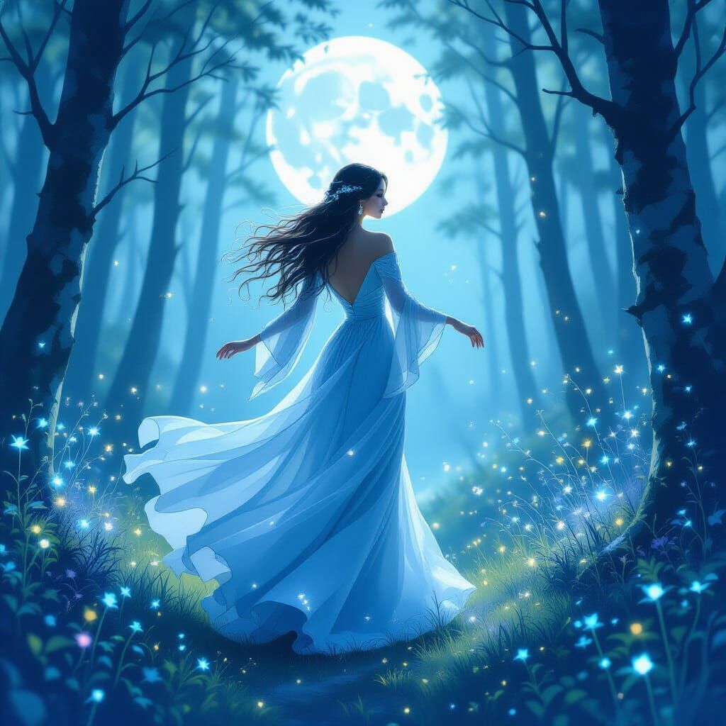 Ethereal Lady Dancing in Bioluminescent Forest: Impressionis...