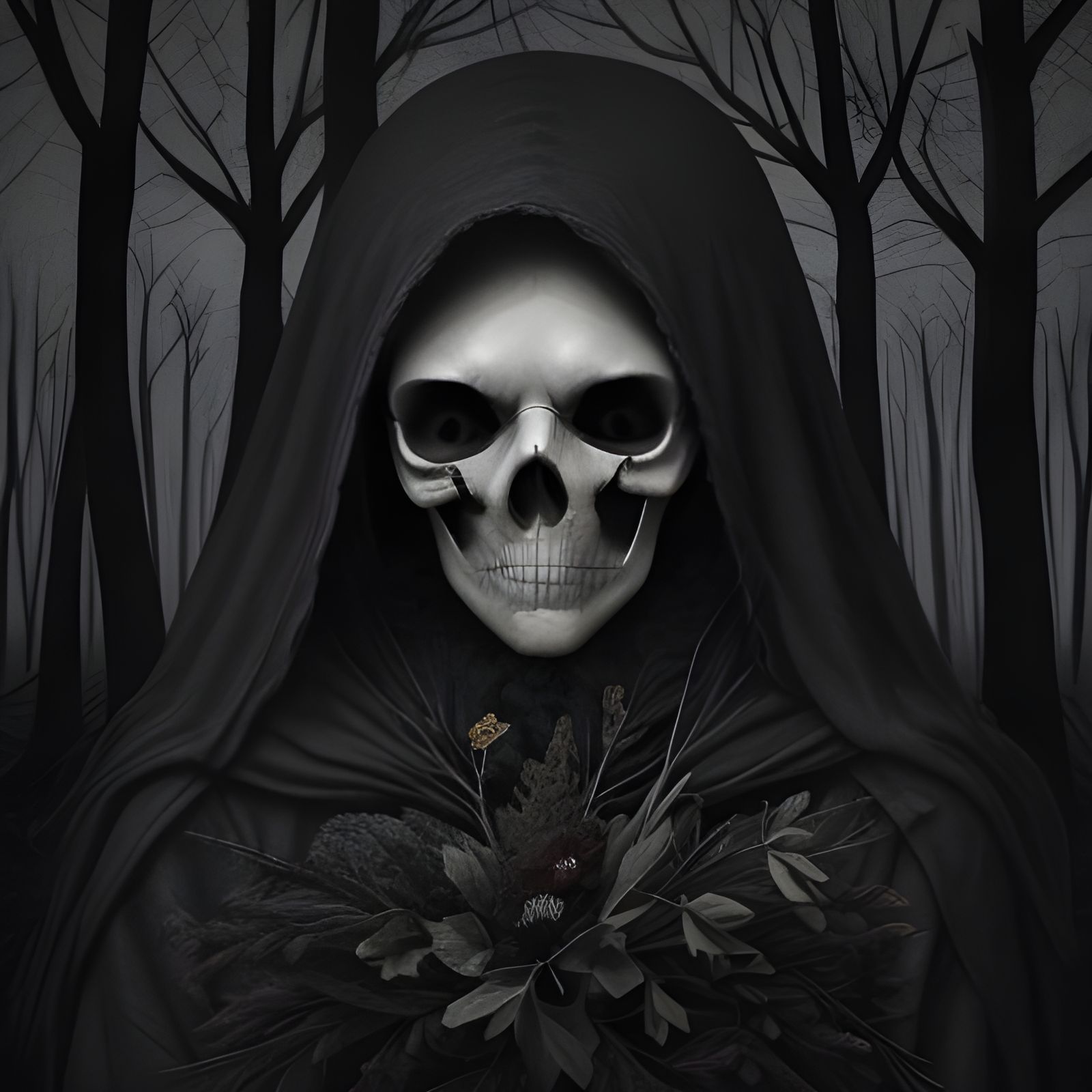 Eerie Woman with Skull Face in Dark Winter Woods