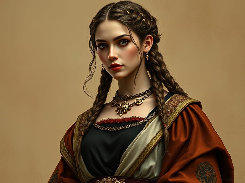 Beautiful woman dressed in 760s A.D. fashion and wearing hairstyle 760s A.D. 8k resolution concept 4K