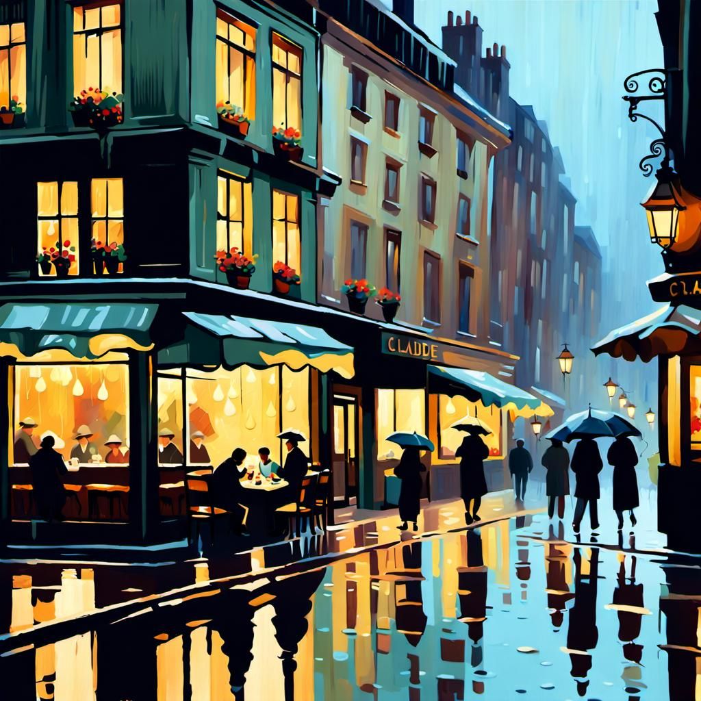 Candlelit Cafe in Rain, Impressionist Painting