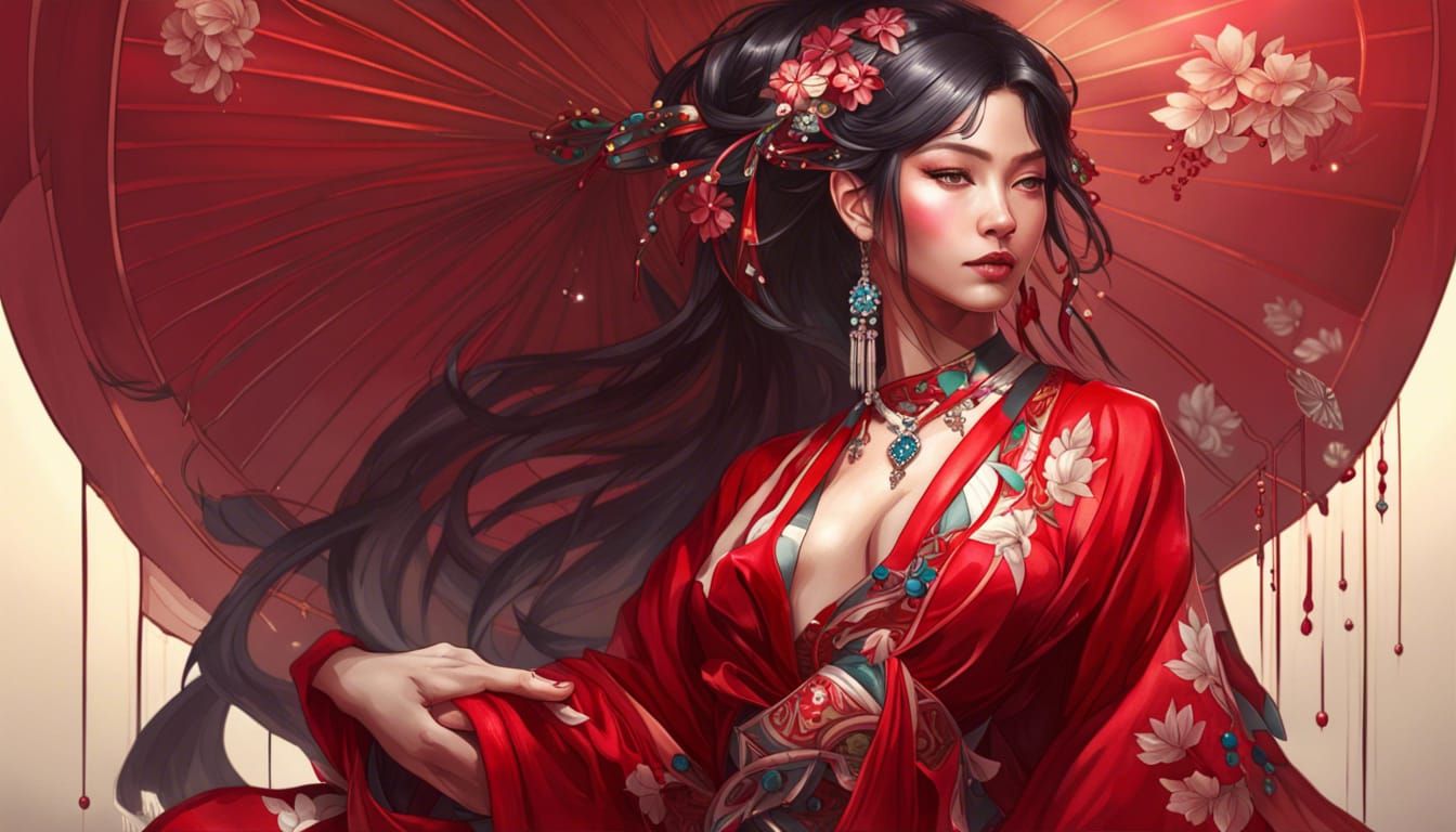 Japanese Beauty in Crimson Silk: Digital Art Portrait