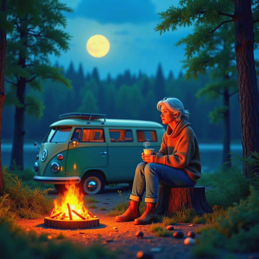 Teal VW Van, Woman Camping by Moonlit Lake