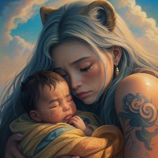 Tattooed Woman's Sorrow: Surrealist Oil Painting