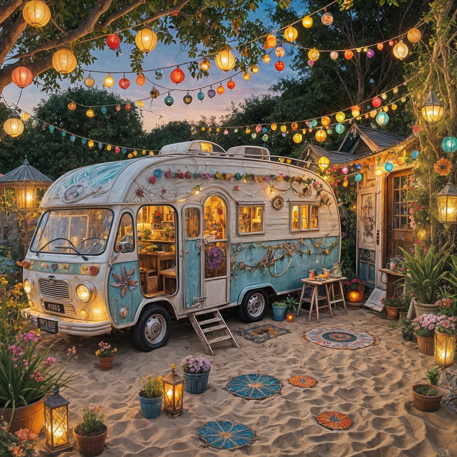 Vibrant Sunset Caravan on Enchanted Beach