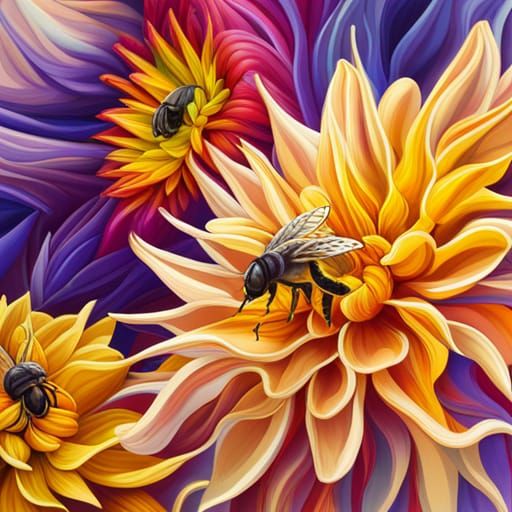 Hyperrealistic Bees in a Colorful Dahlia Garden