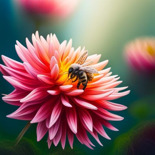 Hyperrealistic Dahlia Garden with Bees in Splash Art