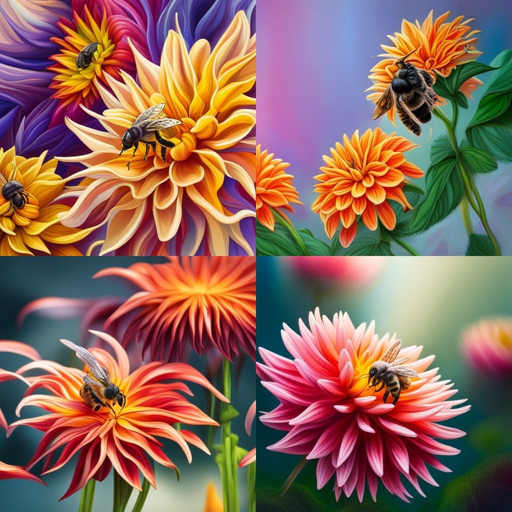 Hyperrealistic Bees in a Colorful Dahlia Garden