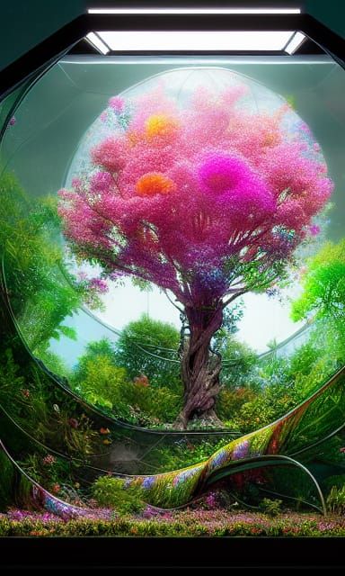 Rainbow Blossom Tree in Terrarium, Digital Artwork