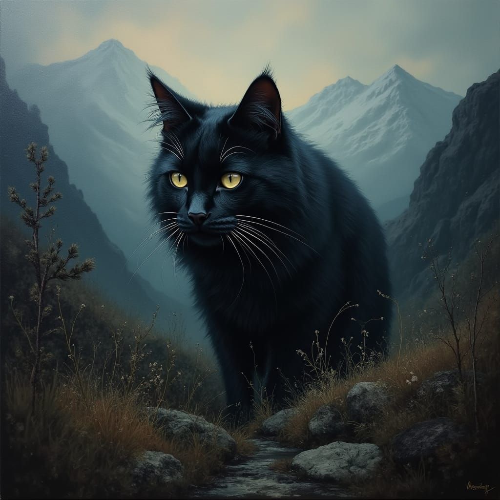 Black Cat Prowling in Surreal Mountain Landscape