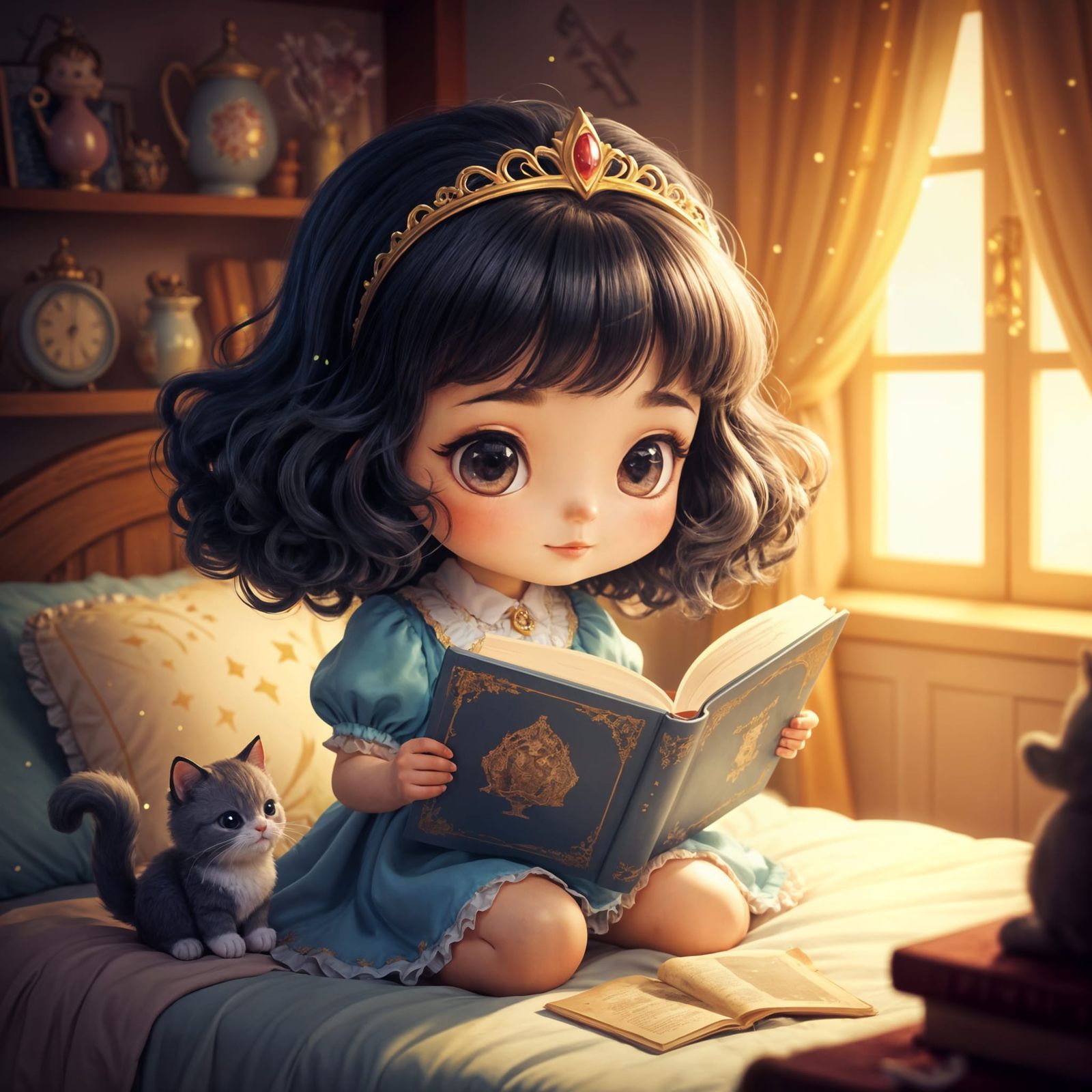 Chibi Princess Reading to Cat in Kawaii Style