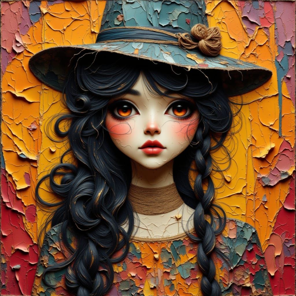 Hyperreal Woman in Wool Hat with Mixed Media Collage