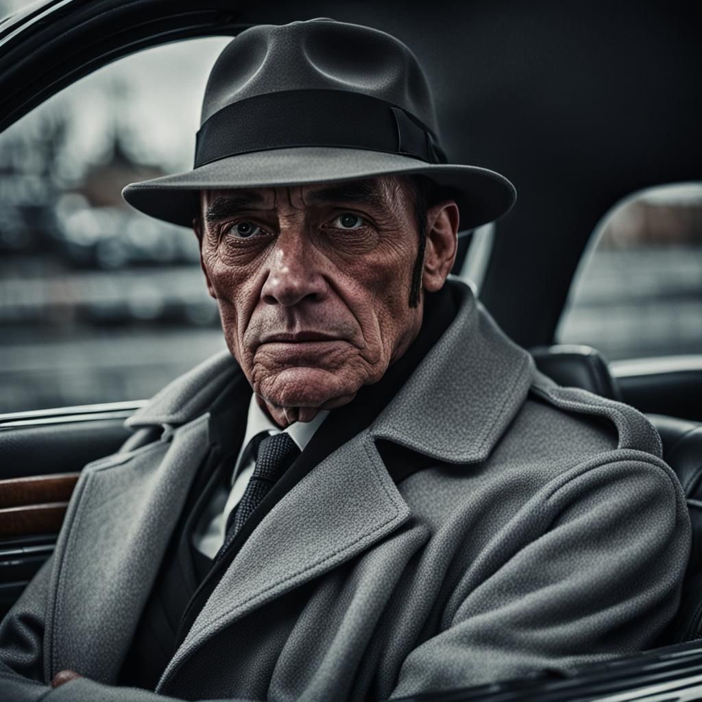 Red-Haired Mafia Don in Gray, Close-Up Portrait