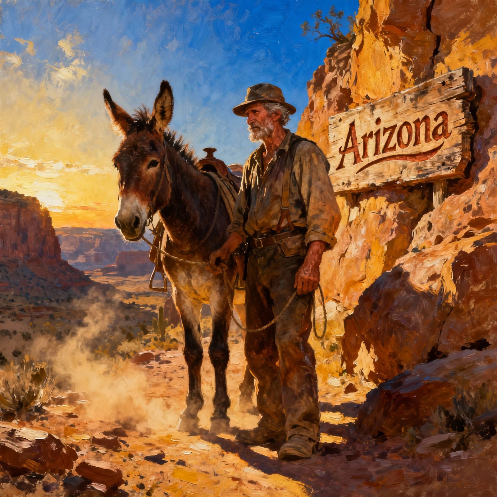 Arizona Miner and Mule in Dramatic Oil Painting Style