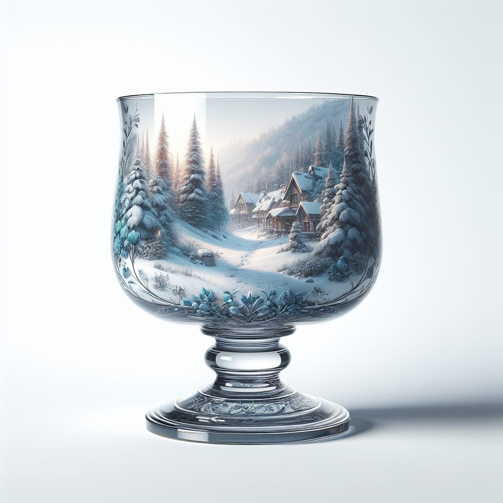 Elegant Glass Candle Holder Against a Snowy Village Landscap...