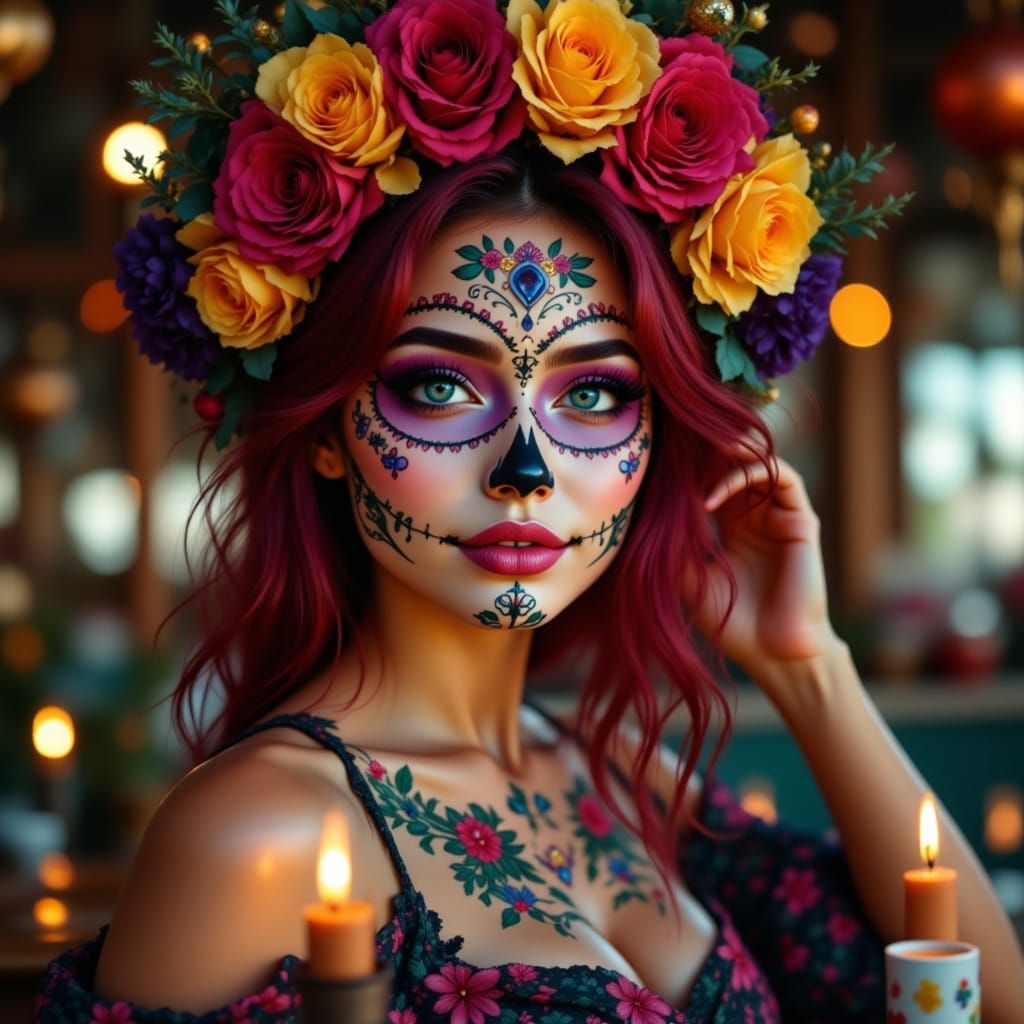 Vibrant Día de los Muertos Face Paint in Realistic Beauty St...