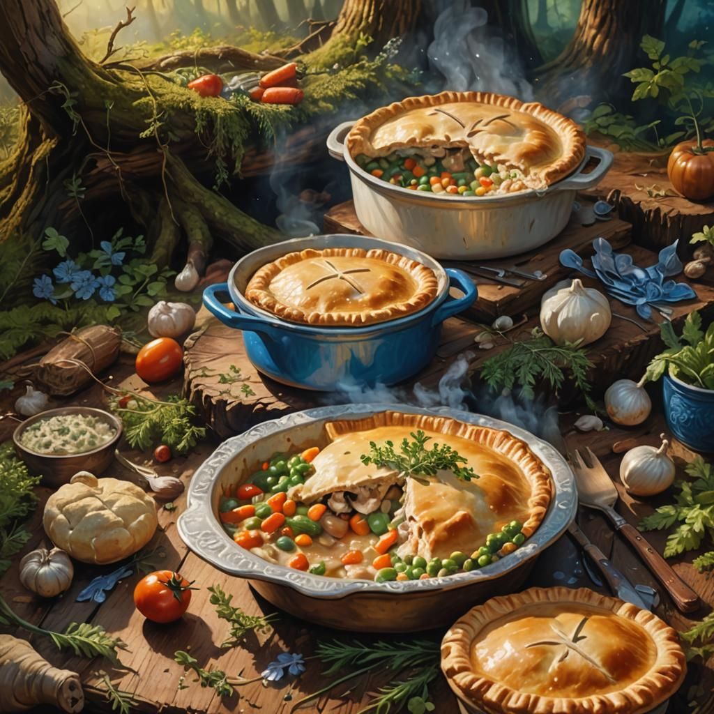 Mystical Forest: Steaming Chicken Pot Pie Still Life