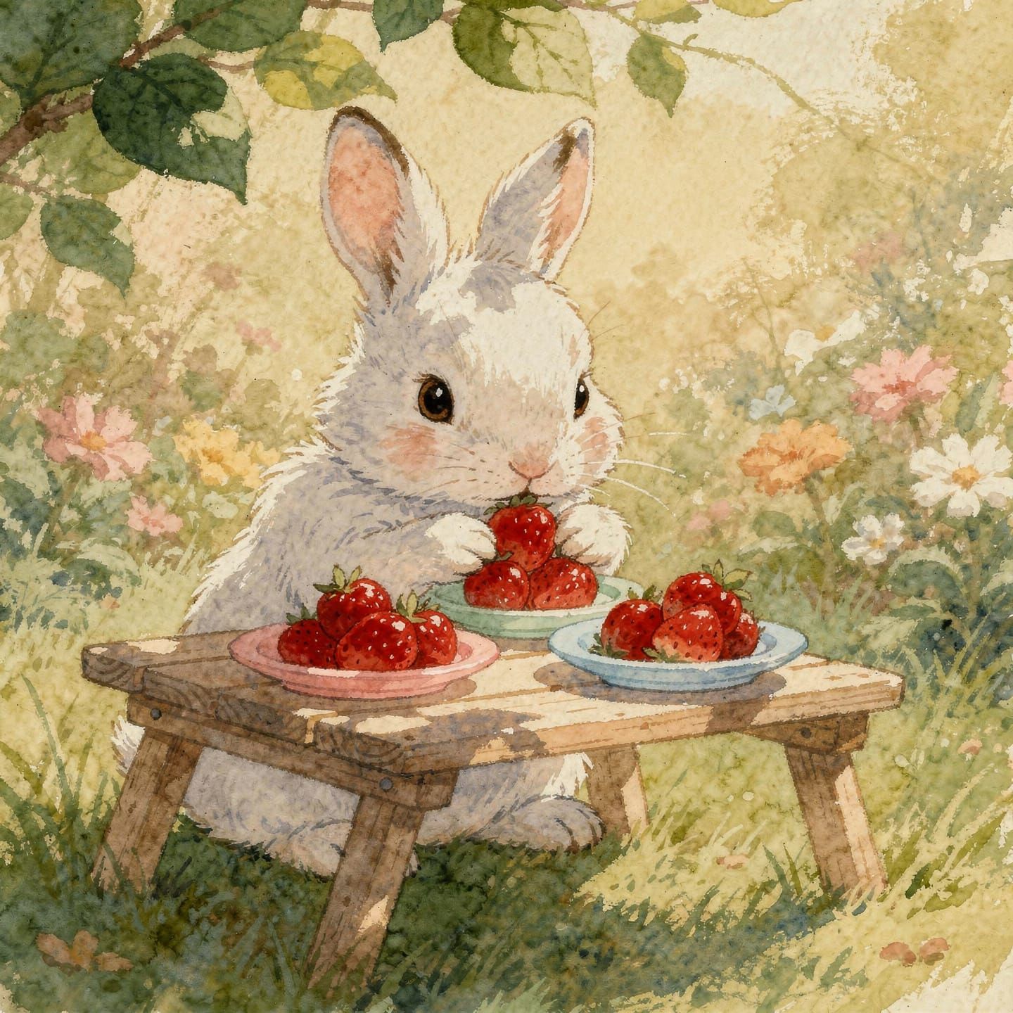 Fluffy Bunny Enjoys Strawberries at Pastel Picnic