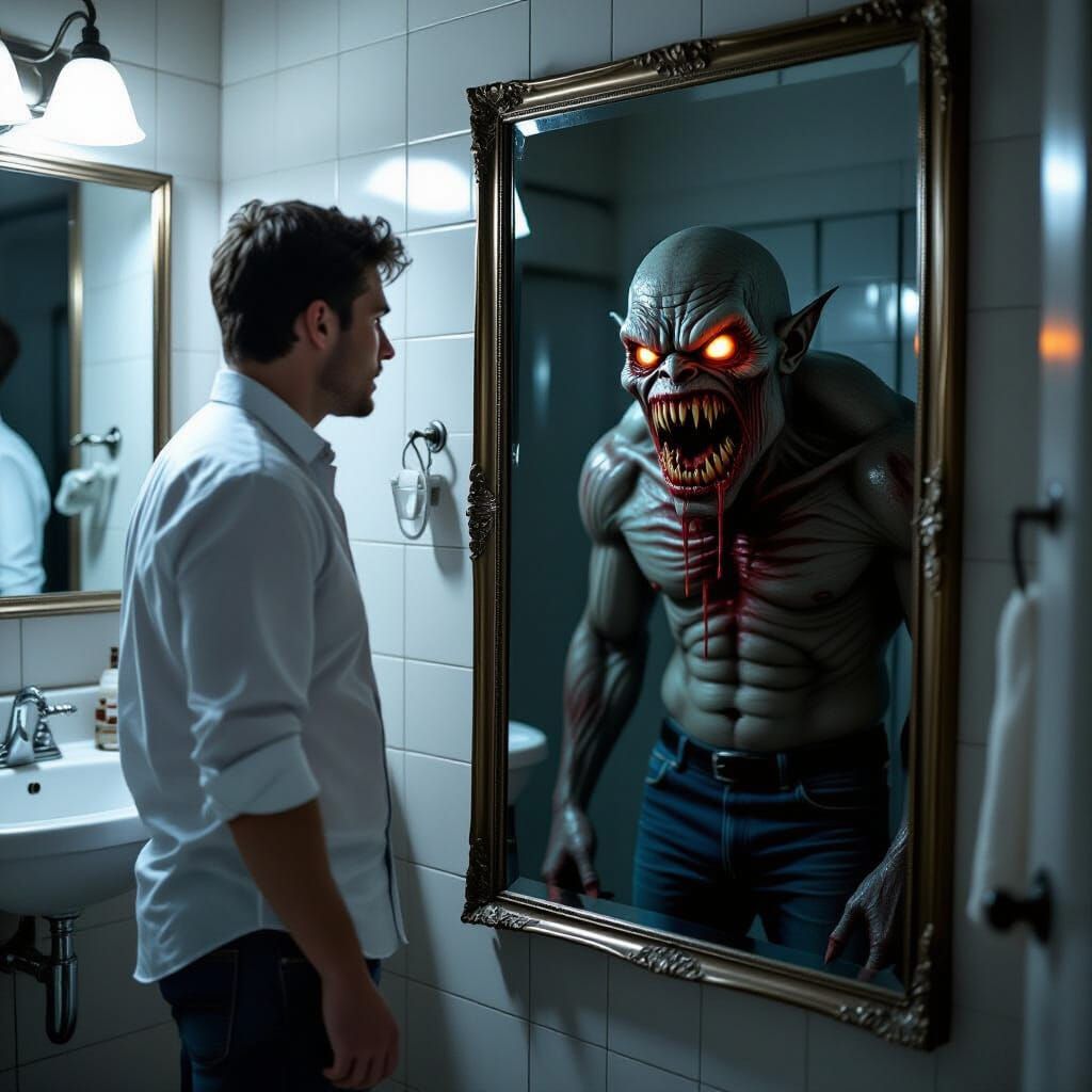 Terrifying Reflection: Man Confronts Inner Monster