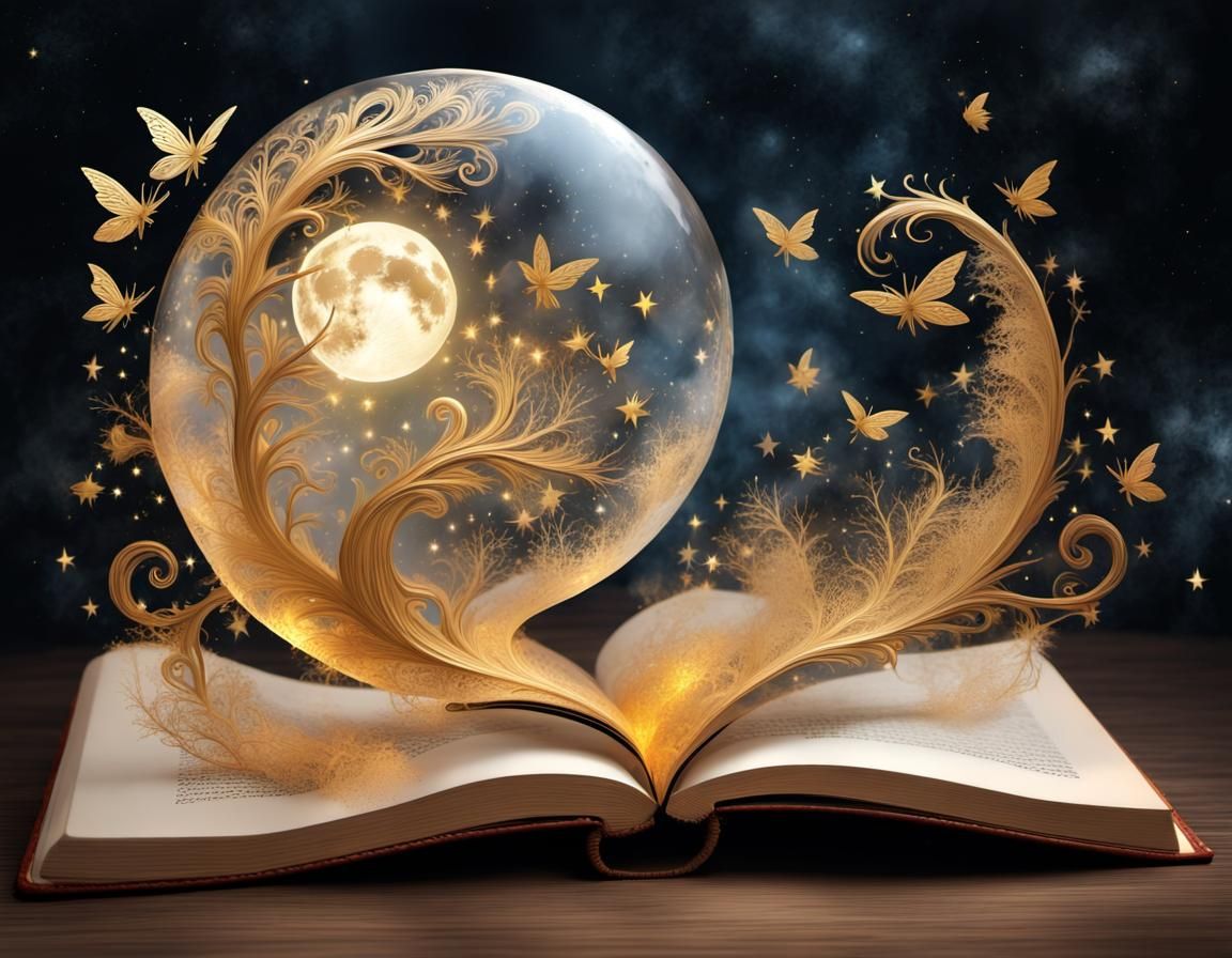 Fairies Emerge from Book Under Nebula and Moon