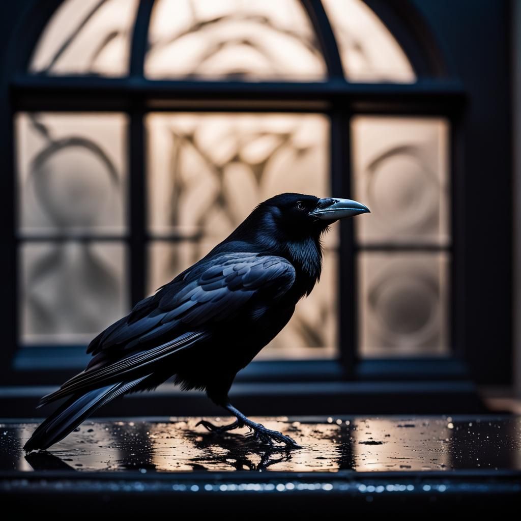 Raven at Round Window in Photorealistic Style