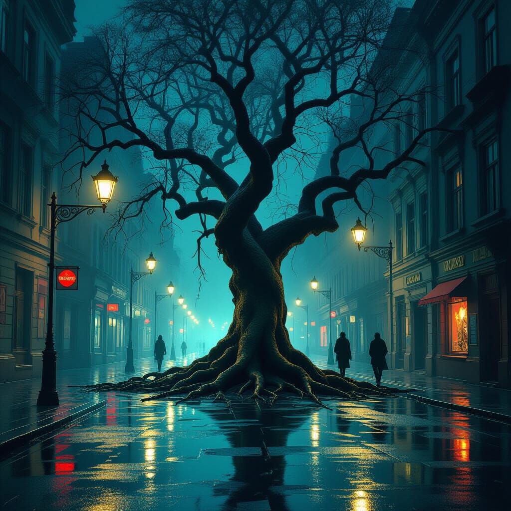 Ancient Tree Emerges from Midnight City Street